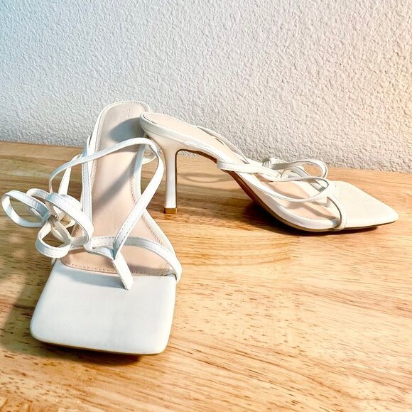 Women's 8 (US) White Vegan Leather Square Toe Ankle Wrap Strappy Stiletto Heels - Picture 5 of 7